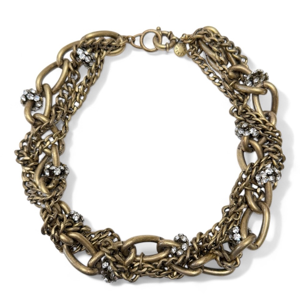 J. Crew Brass Plated Chunky Twisted Chain Link Rhinestone Statement Necklace